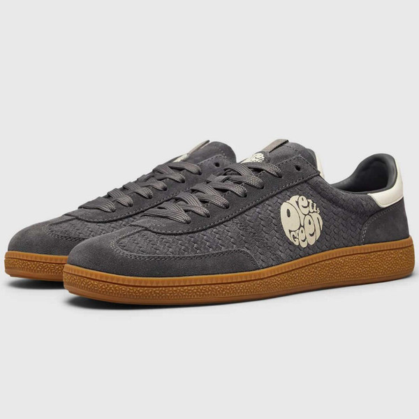 Pretty Green Ramblas Men's Retro 90s Suede Woven Embossed Cupsole Trainers in Grey - Side View  