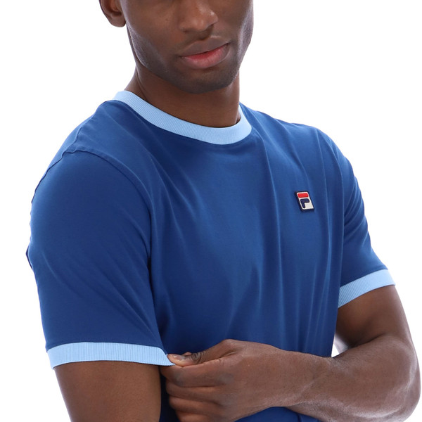 Contrast sleeve cuffs on Fila Vintage Mens Marconi Essential 80s Ringer T-Shirt in Limoges Blue