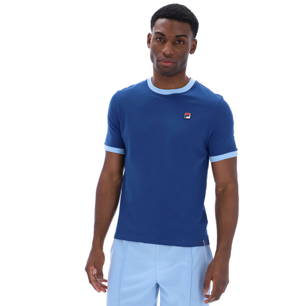 Man wearing Fila Vintage Mens Marconi Essential 80s Ringer T-Shirt in Limoges Blue