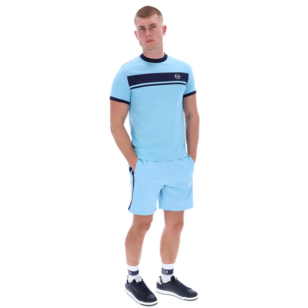 Full length photo of Sergio Tacchini Master John McEnroe Stripe T-Shirt in Baltic Sea Blue
