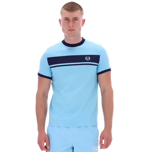 Man wearing Sergio Tacchini Master John McEnroe Stripe T-Shirt in Baltic Sea Blue