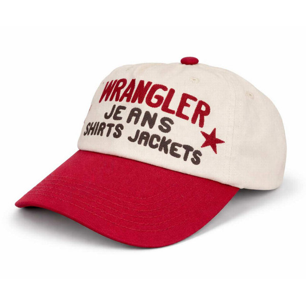 Wrangler Retro 70s Embroidered Logo Trucker Cap in red and Cream - Main View