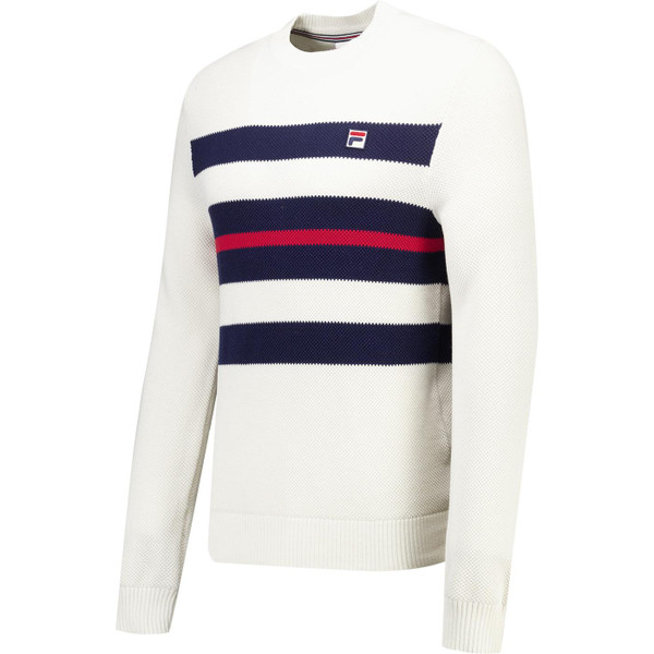 Side of Fila Vintage Giuseppe Mesh Stripe Knit Crew Neck Jumper in Gardenia Off White