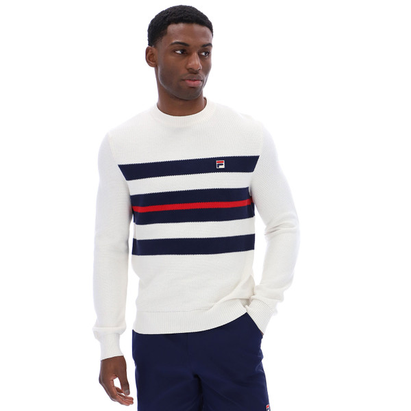 Man wearing Fila Vintage Giuseppe Mesh Stripe Knit Crew Neck Jumper in Gardenia Off White
