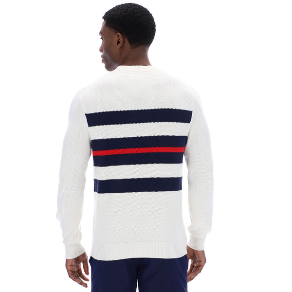 Back of Fila Vintage Giuseppe Mesh Stripe Knit Crew Neck Jumper in Gardenia Off White