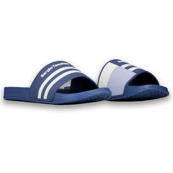 Sergio Tacchini Braga Men's Retro stripe Colour Block Sliders in Real Teal, Skyway and Gardenia - Front View