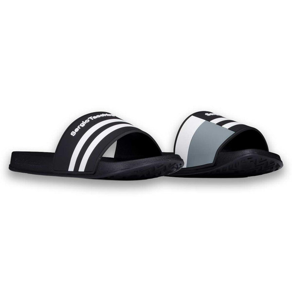 Sergio Tacchini Braga Men's Retro Stripe Colour Block Sliders in Black and Grey - Front View