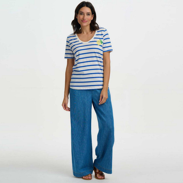 Model Wearing Sugarhill Brighton Sylvie Scoop Neck Retro 70s Stripe T-shirt with Lemon Chest Print