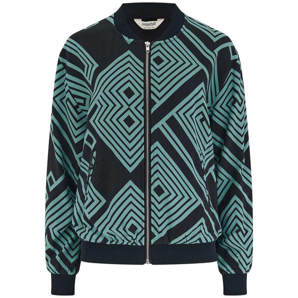 Sugarhill Bobbie Retro 80s Geometric Spirals and Diamonds Bomber Jacket in Black and Green