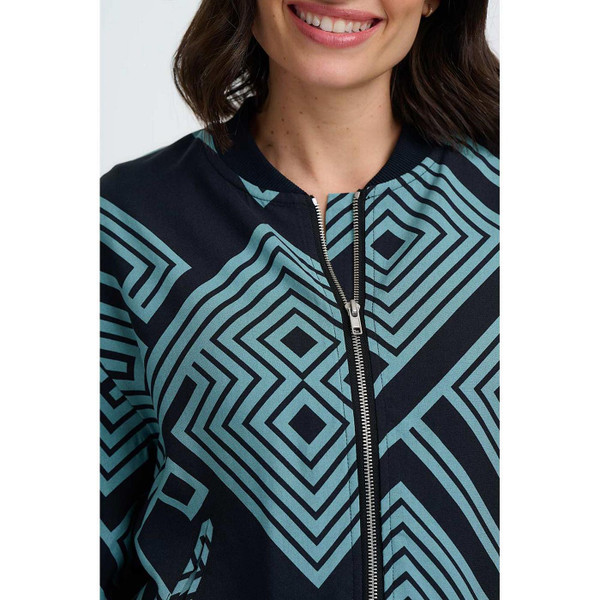 Model Wearing Sugarhill Bobbie Retro 80s Geometric Spirals and Diamonds Bomber Jacket in Black and Green - Collar Detail