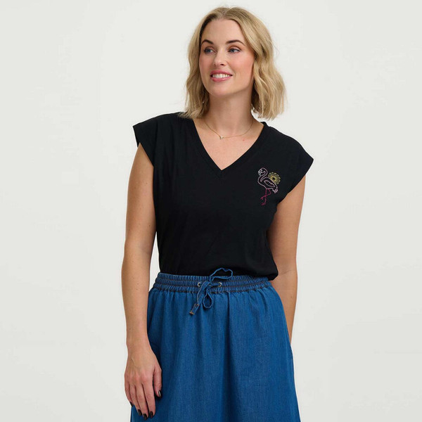 Model Wearing Sugarhill Brighton Ariana Retro 80s Flamingo Embroidered Tank Top Vest in Black