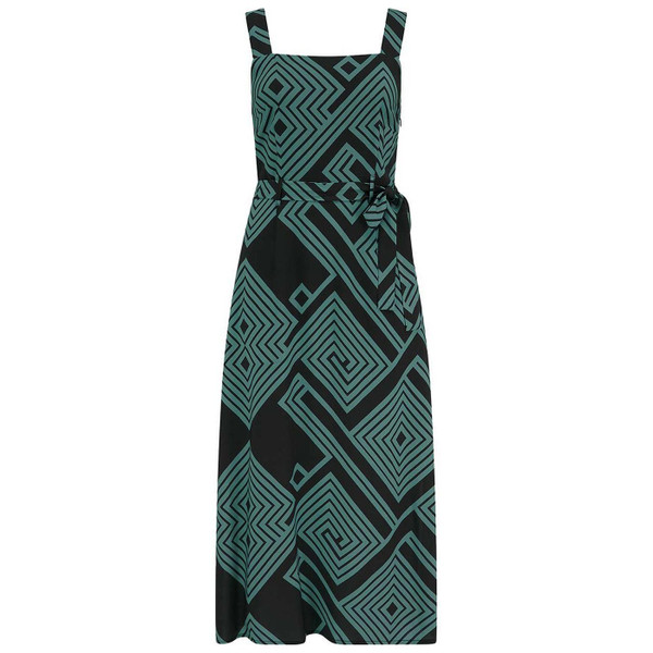 Sugarhill Brighton Elva Retro 70s Geometric Spirals and Diamonds Midi Sundress in Black and Green