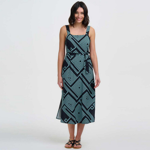 Model Wearing Sugarhill Brighton Elva Retro 70s Geometric Spirals and Diamonds Midi Sundress in Black and Green