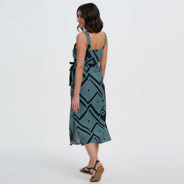 Model Wearing Sugarhill Brighton Elva Retro 70s Geometric Spirals and Diamonds Midi Sundress in Black and Green - Back View