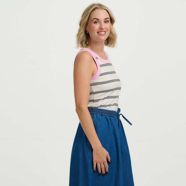 Model Wearing Sugarhill Brighton Kara Retro 70s Stripe Tank Top Vest with Pink Ringer Trim - Side View