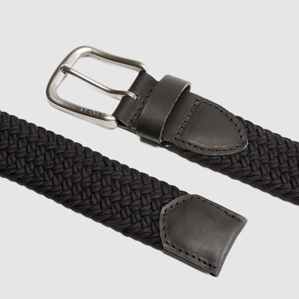 Levi's Austin men's Retro Stretch Woven belt in Caviar Black - Buckle and Keeper Detail