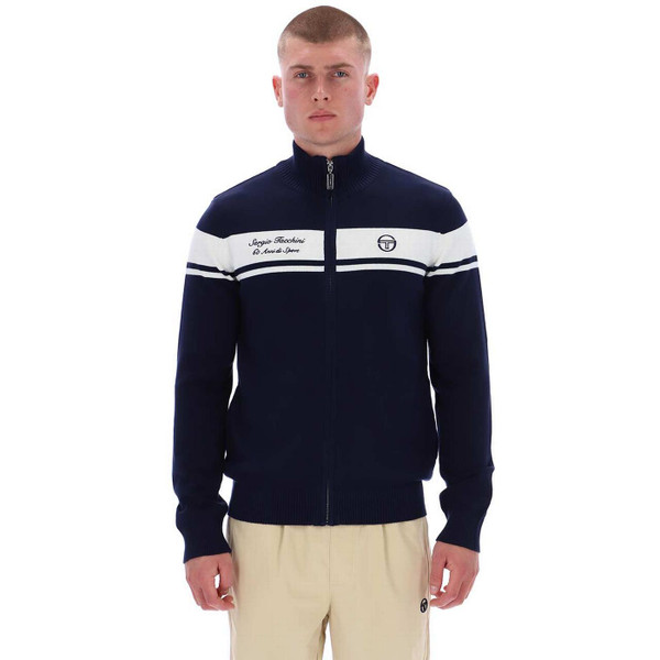 Model Wearing Sergio Tacchini Capomasters Knitted Track Top in Maritime Blue - 60th Anniversary Ltd Box Set with Headband