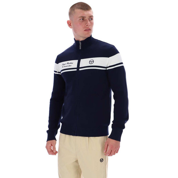 Model Wearing Sergio Tacchini Capomasters Knitted Track Top in Maritime Blue - 60th Anniversary Ltd Box Set with Headband - Side