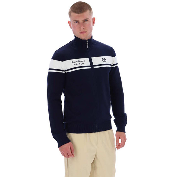 Model Wearing Sergio Tacchini Capomasters Knitted Track Top in Maritime Blue - 60th Anniversary Ltd Box Set with Headband - Side 3