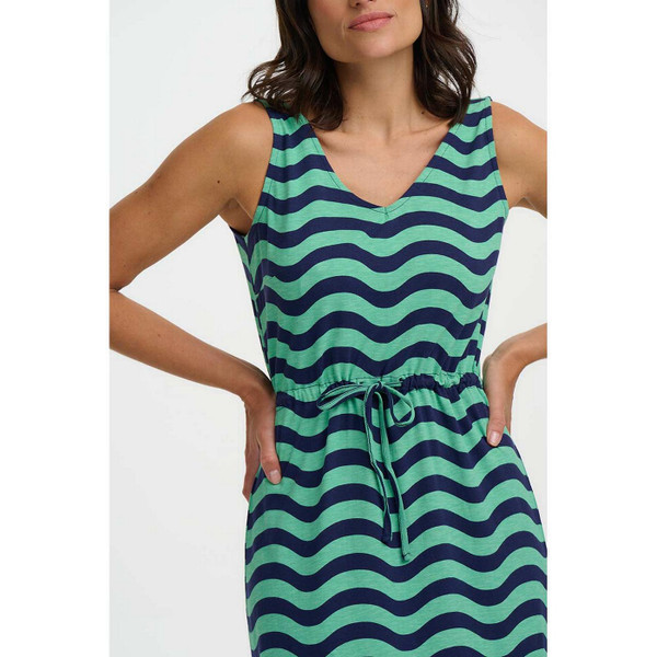 Sugarhill Brighton Gilly Retro 70s Jersey Wavy Stripe Midi Dress in Green Lagoon - Stripe Detail and Waistband