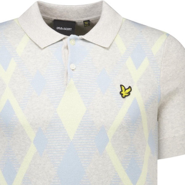 Lyle & Scott Mens Argyle Pattern Panel Knitted Polo T-Shirt in Light Grey