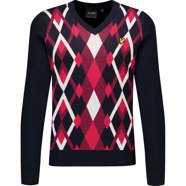 Lyle & Scott Mens Cotton Argyle Pattern Panel V Neck Jumper in Dark Navy