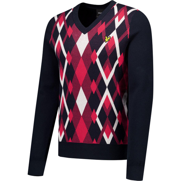 Lyle & Scott Mens Cotton Argyle Pattern Panel V Neck Jumper in Dark Navy