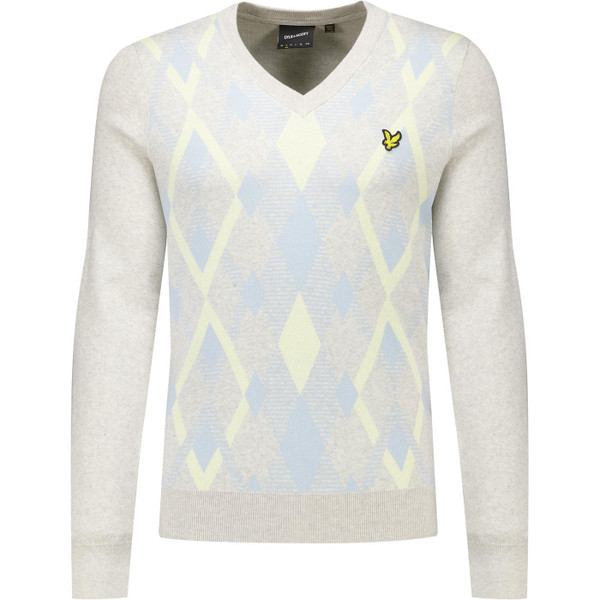 Lyle & Scott Mens Cotton Argyle Pattern Panel V Neck Jumper in Light Grey Marl