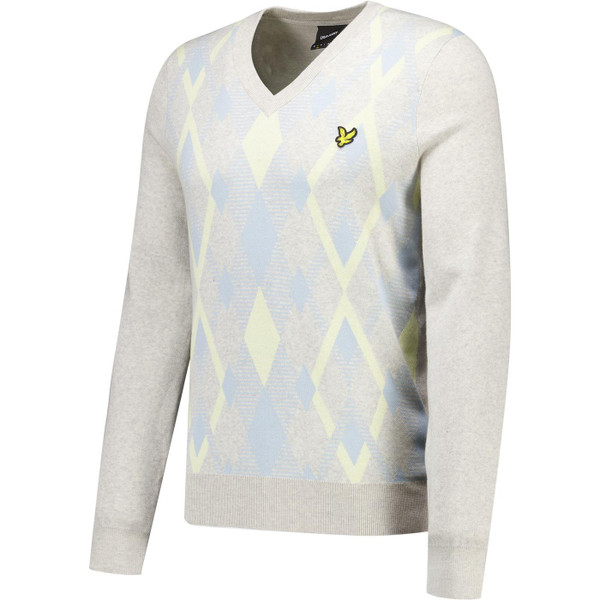 Lyle & Scott Mens Cotton Argyle Pattern Panel V Neck Jumper in Light Grey Marl