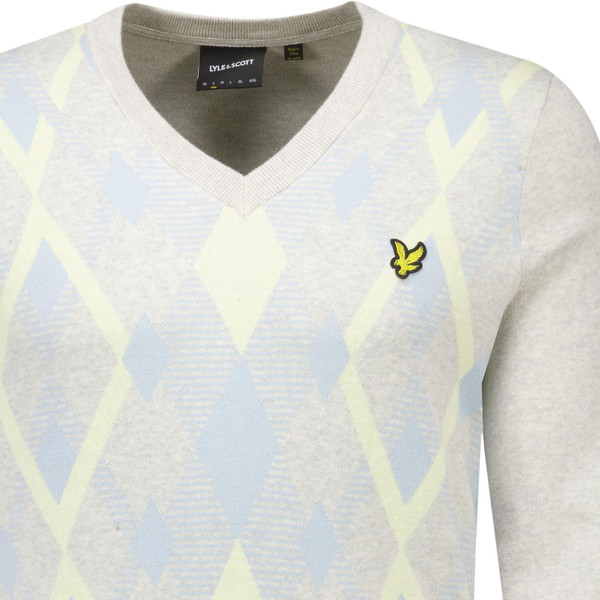 Lyle & Scott Mens Cotton Argyle Pattern Panel V Neck Jumper in Light Grey Marl