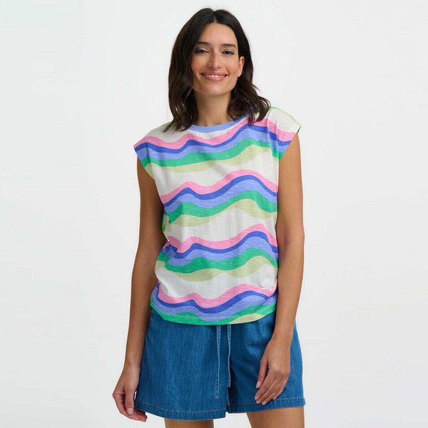 Model Wearing Sugarhill Brighton Chrissy Retro 70s Wavy Stripe Tank Tee in White