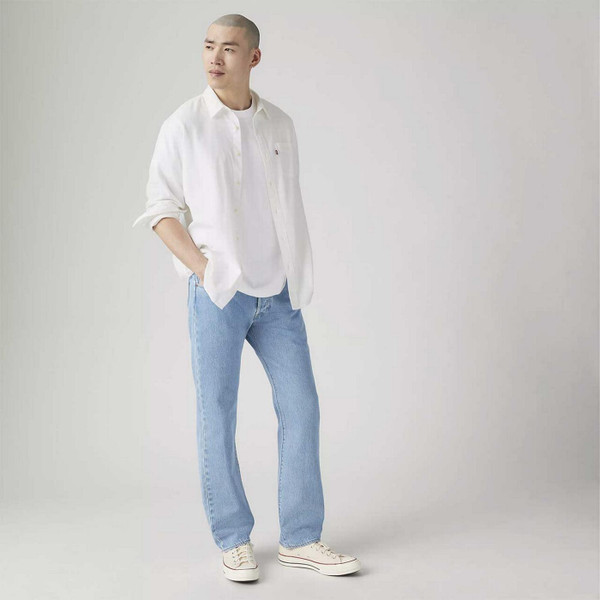 Model Wearing Levi's 501 Original Straight Denim Jeans in Ferry Building Blue - Front View