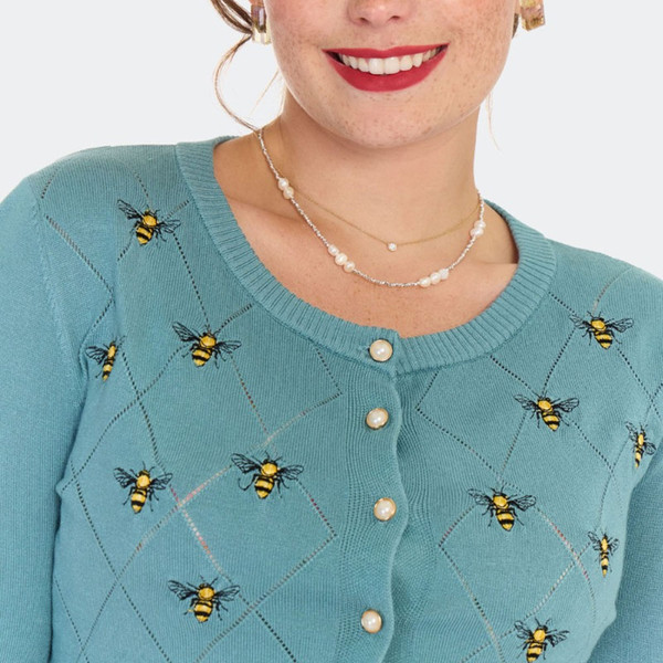 Collar on Voodoo Vixen Vintage Retro 40s Inspired Pointelle Cardigan with Embroidered Bees