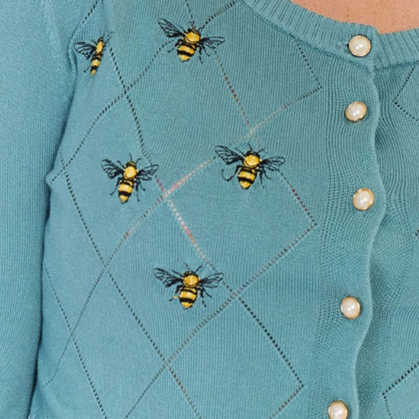 Embroidered bees and pointelle detail on Voodoo Vixen Vintage Retro 40s Inspired Cardigan