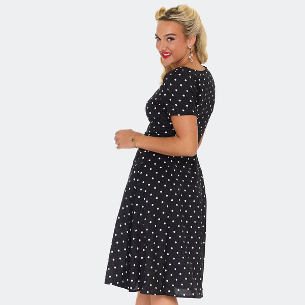 Back of Voodoo Vintage 40s Vintage Polka Dot Flared Dress in Black