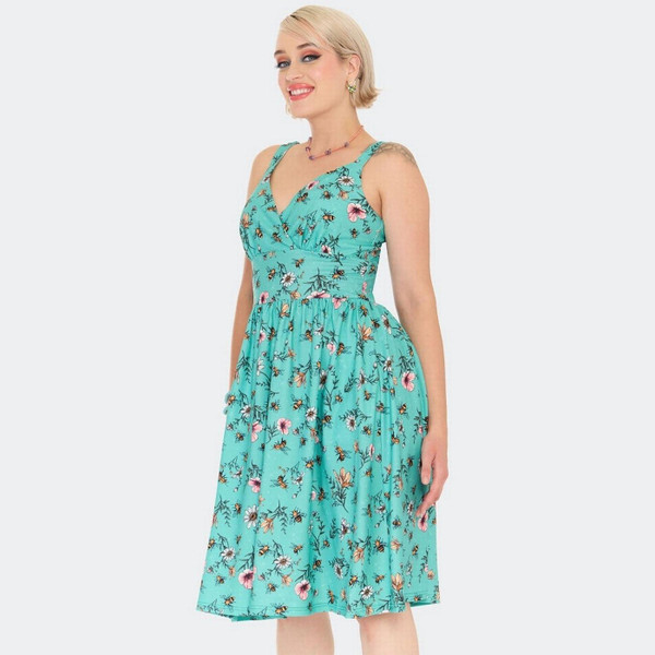 Voodoo Vixen Floral Bee Print Summer Flare Dress - Model Left Side Image