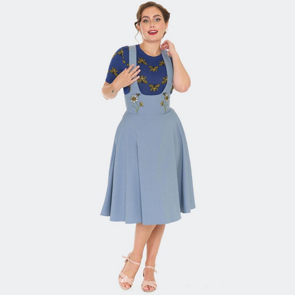 Voodoo Vixen Floral Bee Embroidery Overall Skirt - Model Full Length Image