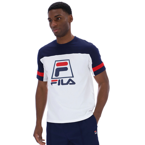 Man wearing Fila Vintage Damon Albarn Blue 90s Archive Reissue T-Shirt in White/Navy