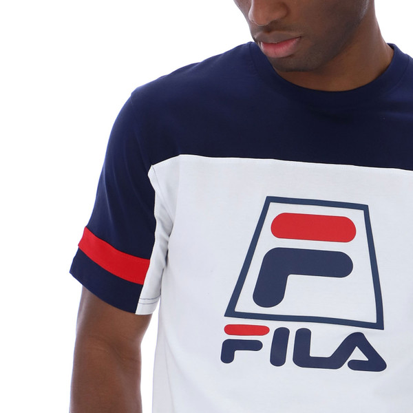 Stripe sleeves on Fila Vintage Damon Albarn Blue 90s Archive Reissue T-Shirt in White/Navy