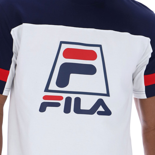 Retro 90s Logo on Fila Vintage Damon Albarn Blue 90s Archive Reissue T-Shirt in White/Navy