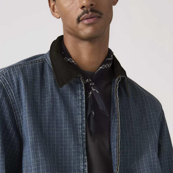 Model Wearing Levi's Castro Mechanics Retro Full Zip Dobby Check Denim Jacket in Garage Door Blue - Collar Detail