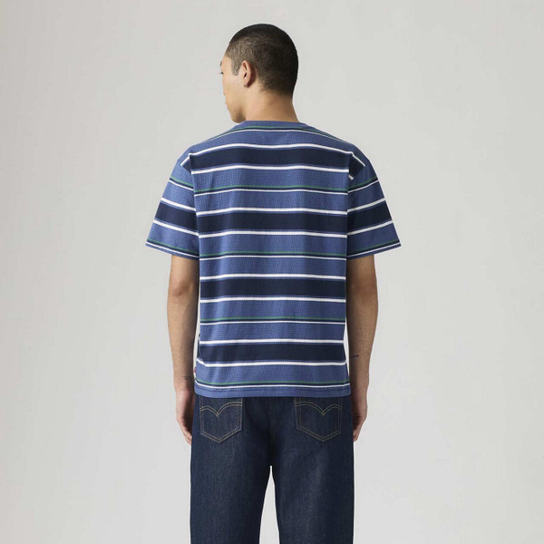 Model Wearing Levi's Red Tab Pecas Stripe Vintage 70s T-shirt in Sunshine Blue - Back View