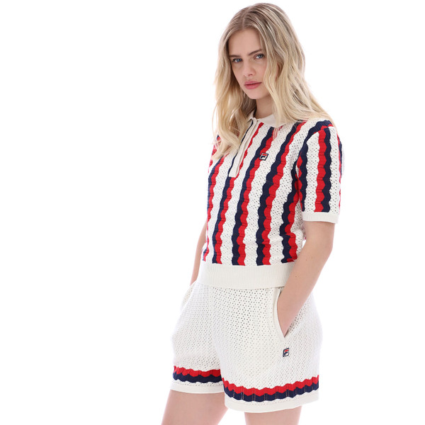 Side of Fila Vintage Women's Porto Retro Perforated Mesh Knit Polo Top in Gardenia
