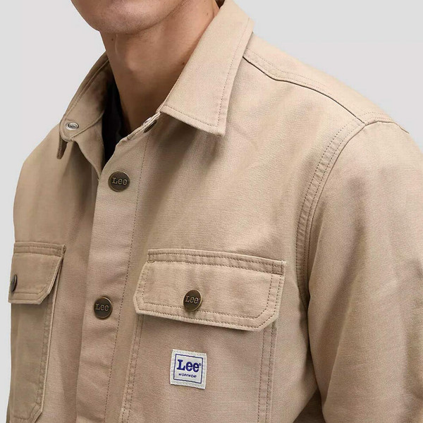 Lee Jeans Relaxed Workwear Canvas Overshirt in Perfect Khaki - Collar Detail