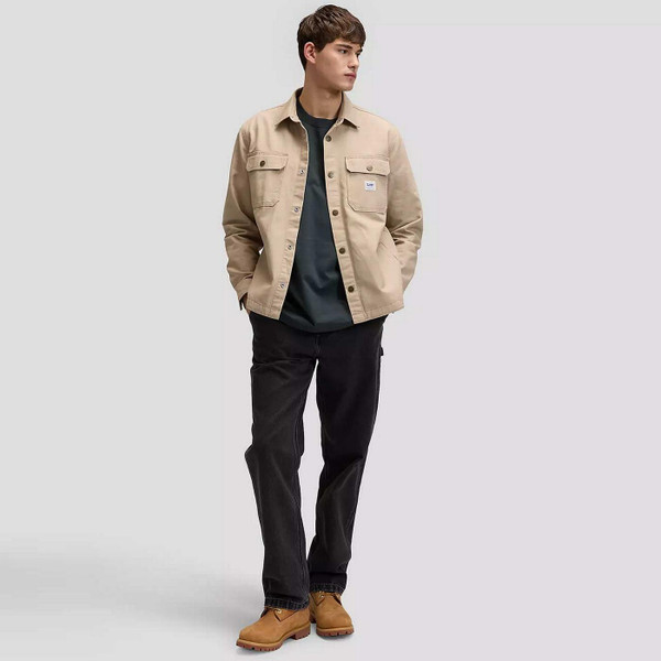 Model Wearing Lee Jeans Relaxed Workwear Canvas Overshirt in Perfect Khaki - Front View