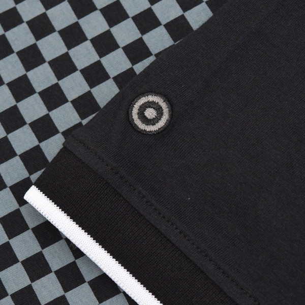 Mod target logo on sleeve on Lambretta Mens Jersey Mod Two Tone Chequerboard Polo T-Shirt in Black and Steel Grey