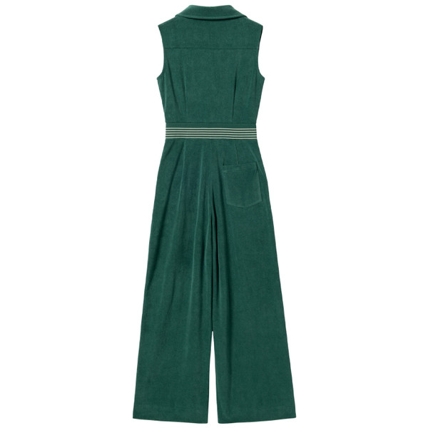 Back of Mademoiselle Yeye Motion Retro 70s Towelling Jumpsuit in Green