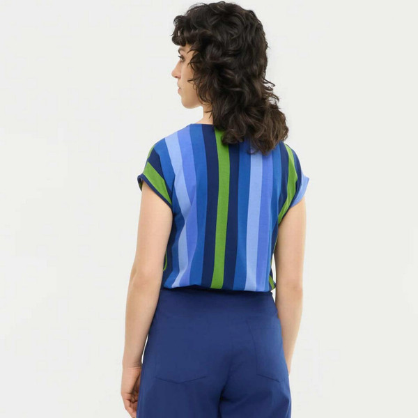 Model Wearing Mademoiselle YeYe Casual Chic Retro 60s Vertical Stripe Top in Blue - Back View
