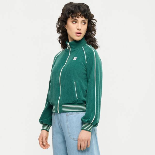 Side of Mademoiselle Yeye Rally Retro 70s Varsity College Towelling Jacket in Green