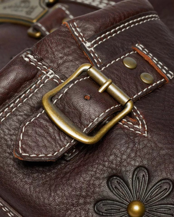 Dr Martens Anistone Hi Flower Grizzly Leather Biker Boots in Dark Brown - Close Up 2